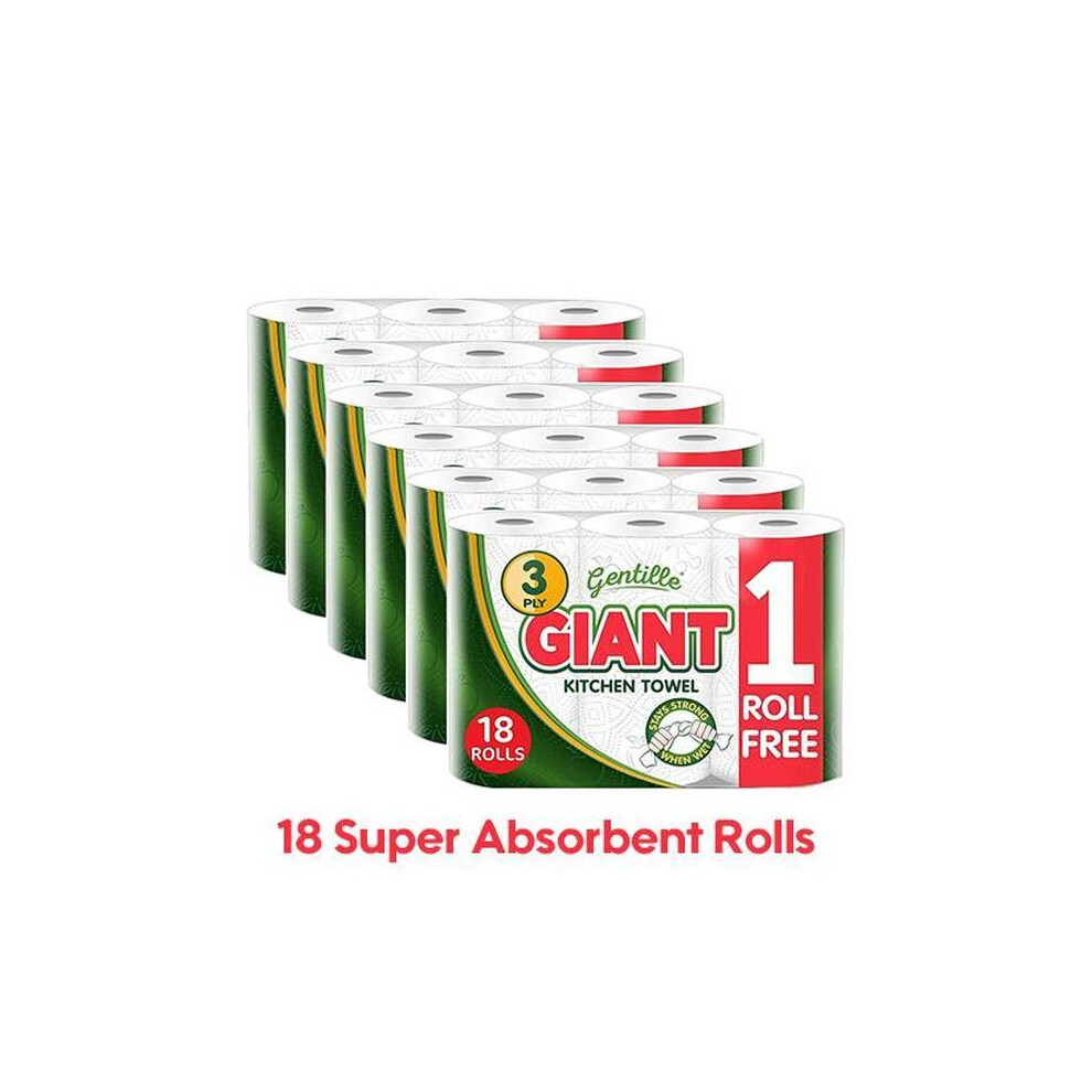 (Default) 18 Rolls Gentille Giant 3 Ply Thickness Paper Towel-Extra Strong, Absorbent, Tough, Durable Kitchen Roll- Multipurpose  6 Pack of 3 Rolls