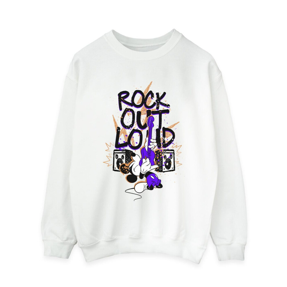 (S, White) Disney Womens/Ladies Mickey Mouse Rock Out Loud Sweatshirt