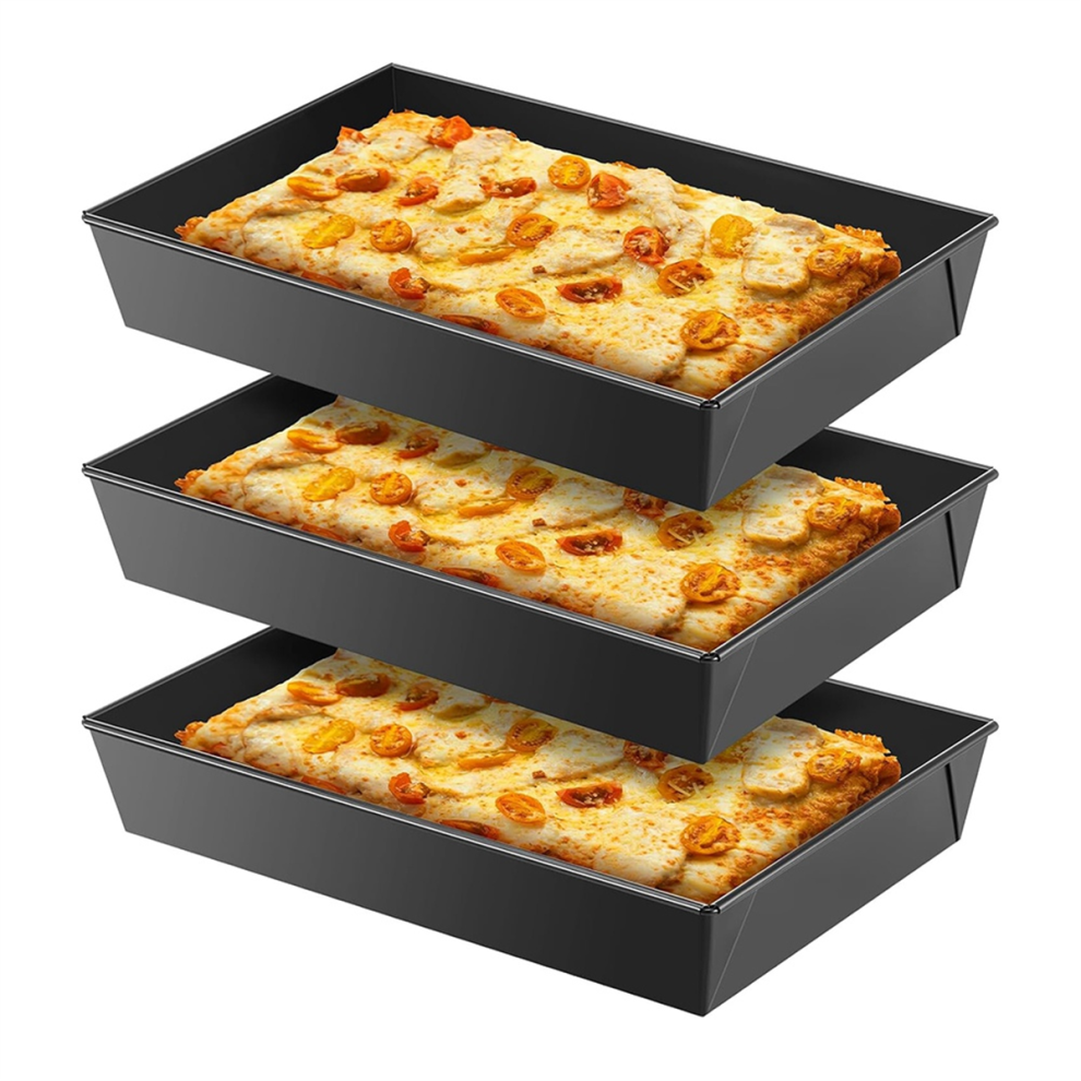 3 Pcs Detroit Style Pizza Pan Hard Rectangular Pans Non Stick Sicilian Dish Pre Seasoned Bakeware