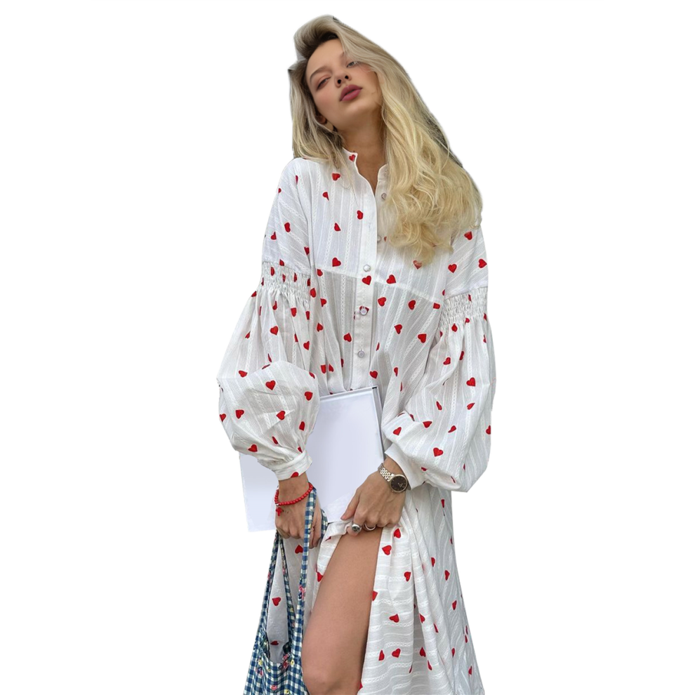 Robe longue décontractée à col montant pour femme, ample, imprimée cœur, blanche, taille S
