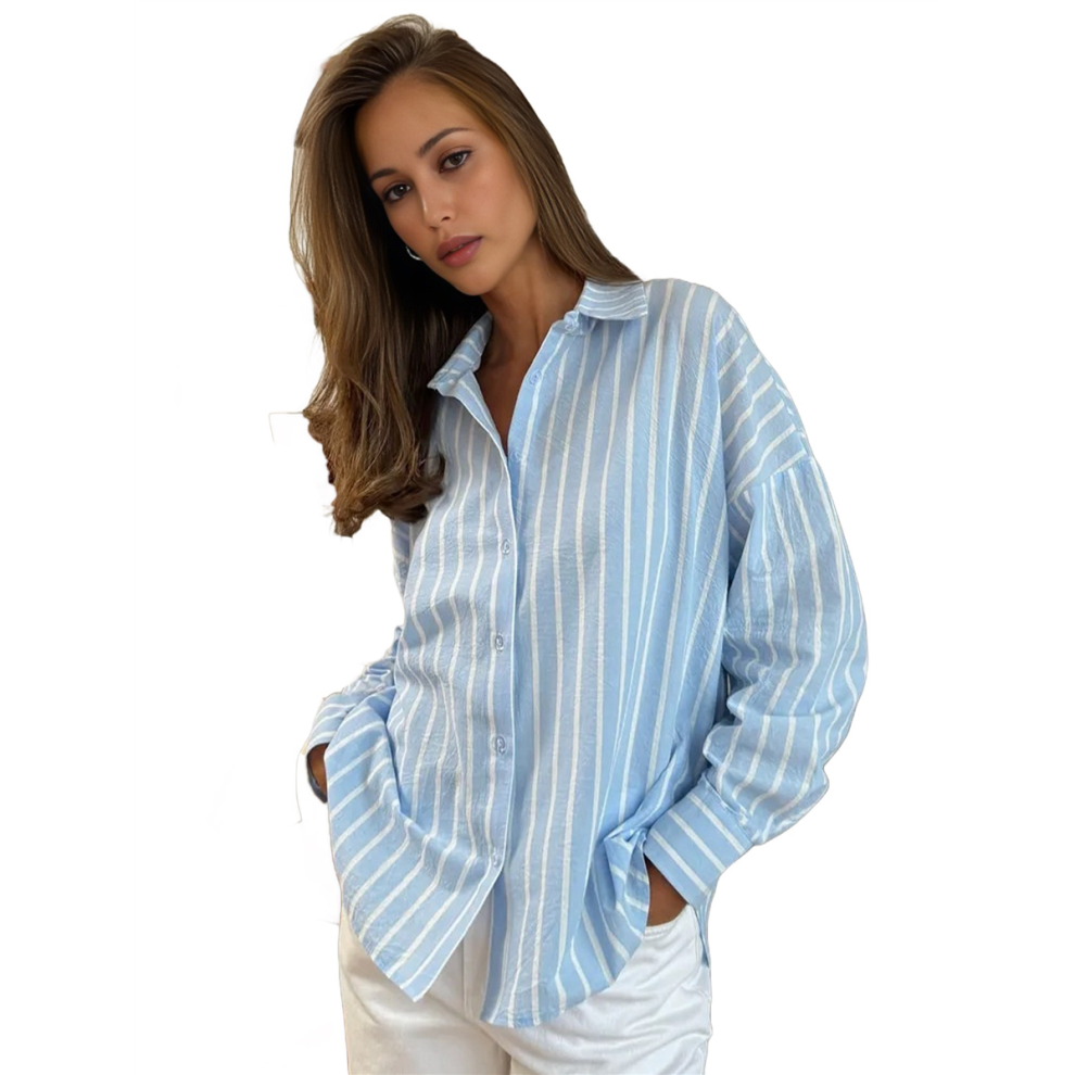 Chemises boutonnées pour femmes, chemisiers de travail classiques à rayures, manches longues, col, avec poche, bleu clair, S
