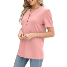 Summer Women'S Solid Color Twist Button Loose Short Sleeve Top Pink M