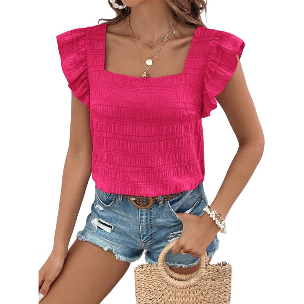 Haut à manches courtes et col carré à volants pour femme, rose rouge, taille L