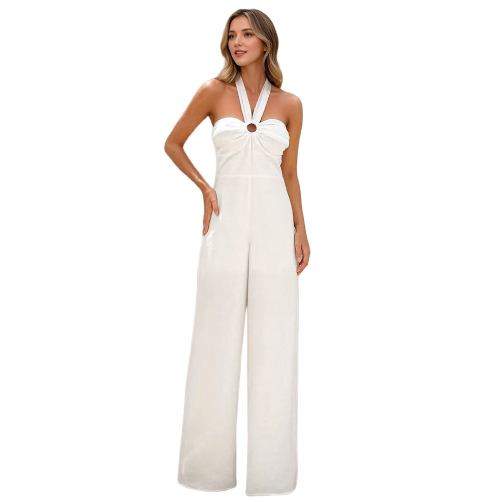 Combinaison longue croisée à col licou et jambe droite pour femme, blanche, taille XL