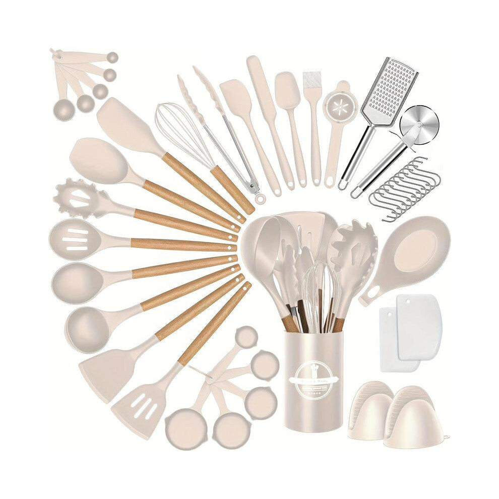 (Khaki, one-size) Silicone Cookware Set,43pcs Non-stick Wooden Handle Kitchenware with Storage Bucket,High Temperature Resistant and Easy To Clean Spatula,Accessories