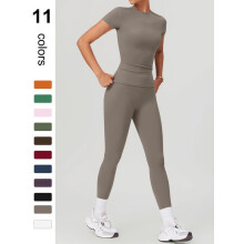 (Khaki Gray, M) Set Women's Solid Round Neck Tee & High Waist Leggings Tracksuit Set,Sporty Breathable Quick Drying Outfits for Yoga Gym Workout Running Cycling