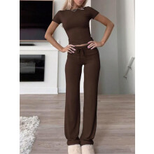 (Brown, XL) Women's Solid Short Sleeve Two-piece Set,Casual Tracksuit,Round Neck Crop Tee & High Waist Trousers Tall Tracksuit,Classy Going Out Tops & Pants