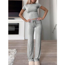 (Stone Gray, XS) Women's Solid Short Sleeve Two-piece Set,Casual Tracksuit,Round Neck Crop Tee & High Waist Trousers Tall Tracksuit,Classy Going Out Tops & Pants