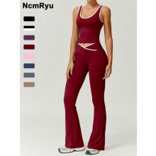 (Red, L) Women's Colorblock Crop Tank Top & Flare Leg Pants,Casual Sleeveless Top & High Waist Trousers for Yoga Gym Workout,Ladies Sportswear for All Seasons