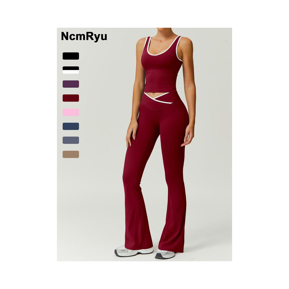 (Red, L) Women's Colorblock Crop Tank Top & Flare Leg Pants,Casual Sleeveless Top & High Waist Trousers for Yoga Gym Workout,Ladies Sportswear for All Seasons