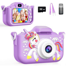 (Purple, one size) Pink Unicorn Pattern Selfie Digital Camera, Cute Video Recording Camera Toy with Memory Card, Perfect Gift Choice for Birthday & Holiday