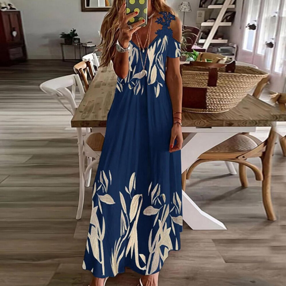 (blue, XL) Womens Boho Maxi Dresses Summer One-line Sleeve Floral Flowy Swing Casual Long Dress