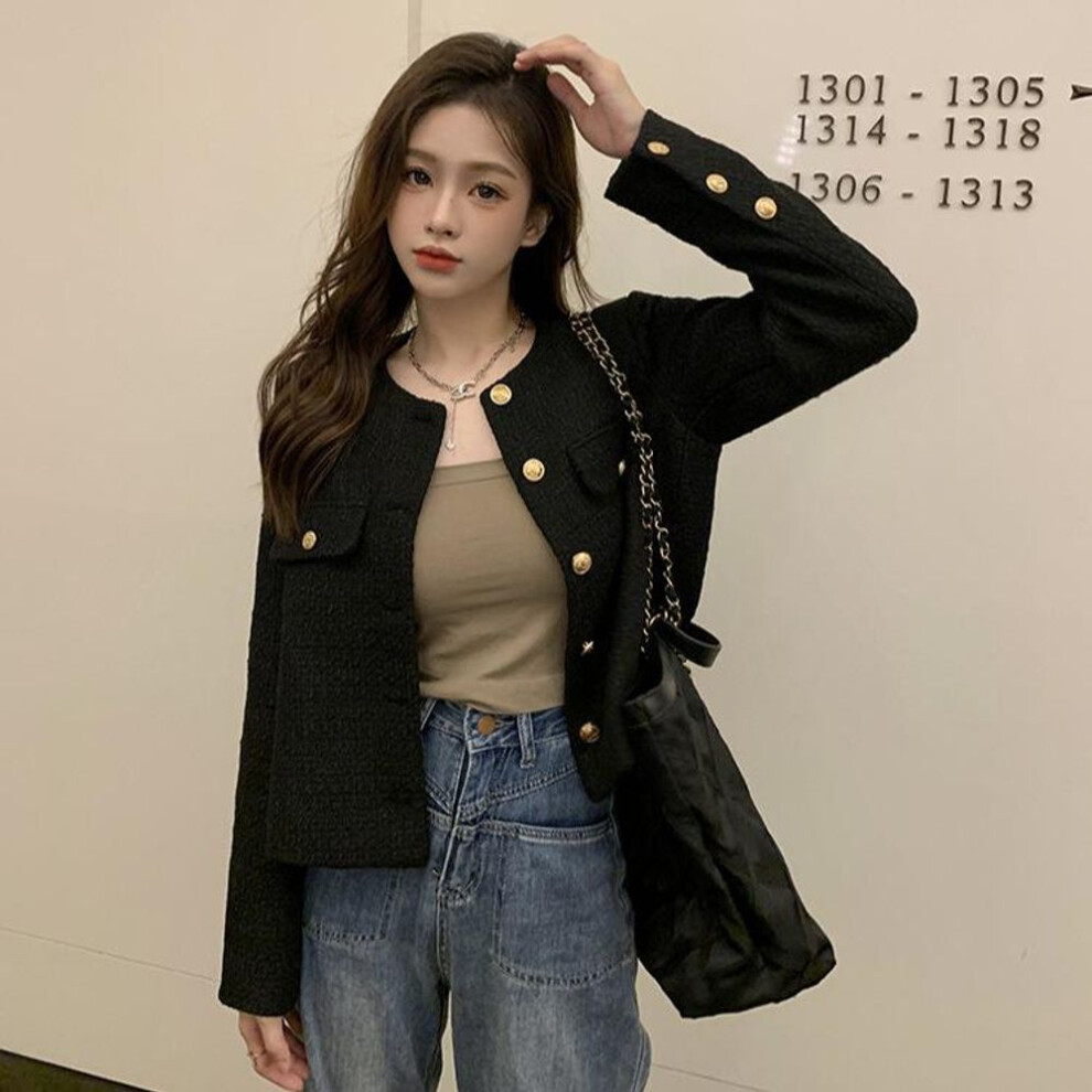 (black, XL) Spring and Autumn Korean Coats Women Jacket French Woolen Tweed Coat Fashion High-end Gold Button Short Slim Temperament Jackets