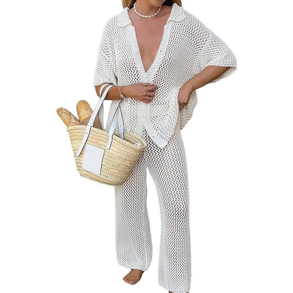 (white, L) Cover Up Beach Knitted Hollow Out Top Straight Pants Sets Mesh High-Waist Bottoms Suit Sexy Streetwear