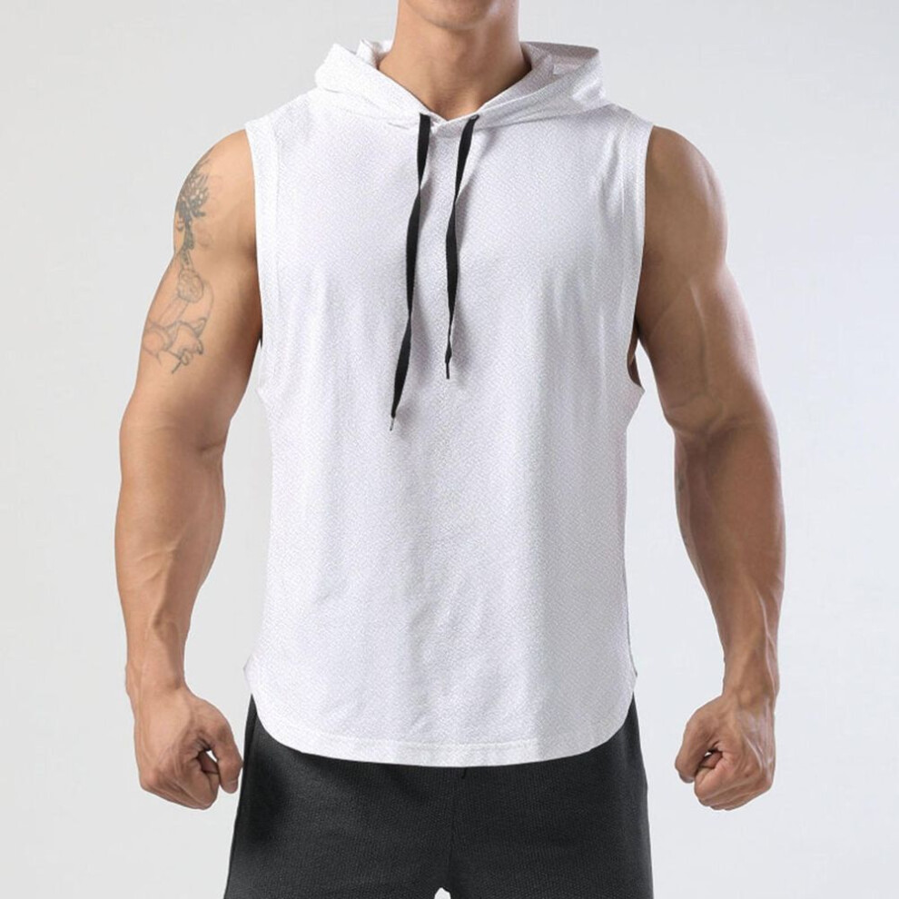 (white, M) Men's Summer Thin Sleeveless Hooded Vest Sports Sweatshirt Basketball Jacket Waistcoat Bottoming Shirt Top