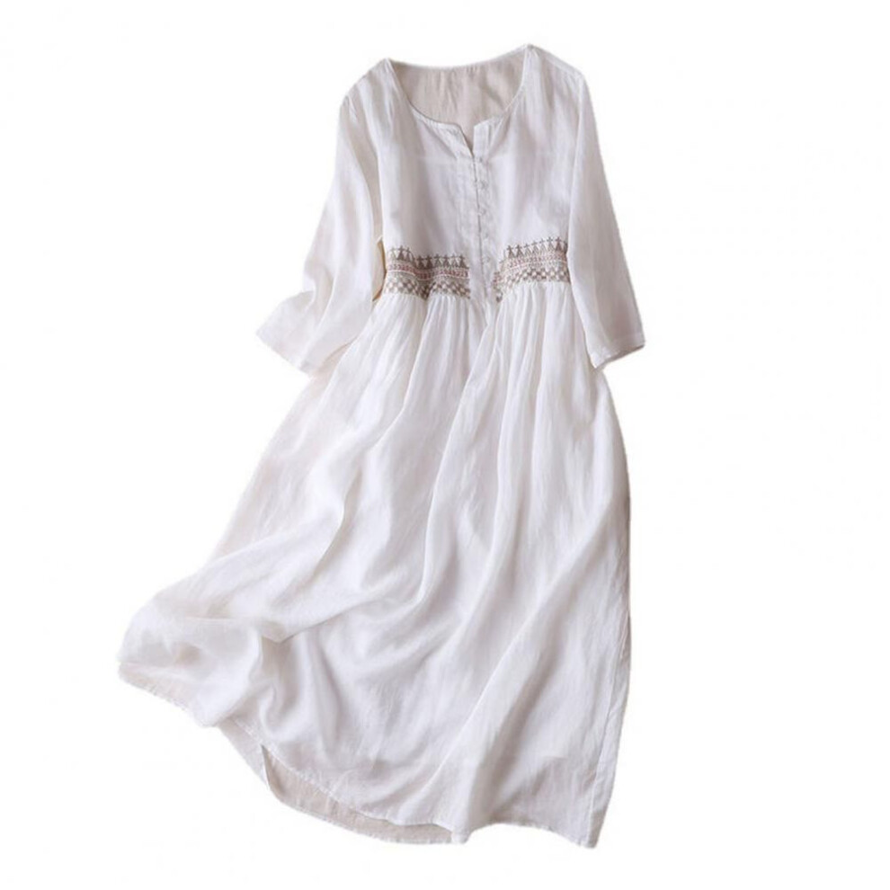 (white, XXXL) Cotton Casual Dress Elegant Ethnic Embroidered Midi Dress with High Waist Double Layers Women's Spring Summer A-line Dress