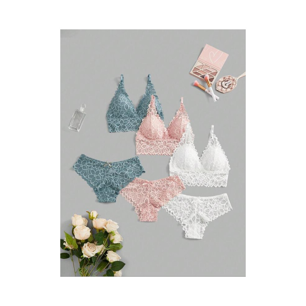 (Multicolor10, L) Women's Simple Contrast Lace Wireless Bra & Bow Panty Set, Lady Regular Fit Adjustable Spaghetti Strap Bralette & Knicker, Lingerie-image-OPC-PHD7MVV-NEW