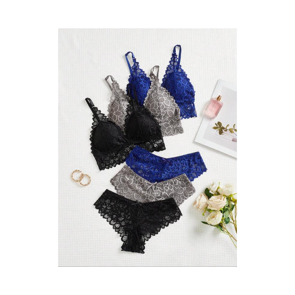 (Multicolor9, XL) Women's Simple Contrast Lace Wireless Bra & Bow Panty Set, Lady Regular Fit Adjustable Spaghetti Strap Bralette & Knicker, Lingerie-image-OPC-PHD7MXR-NEW