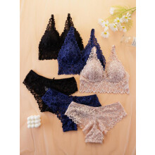 (Multicolor6, XL) Women's Simple Contrast Lace Wireless Bra & Bow Panty Set, Lady Regular Fit Adjustable Spaghetti Strap Bralette & Knicker, Lingerie & Underwear Set