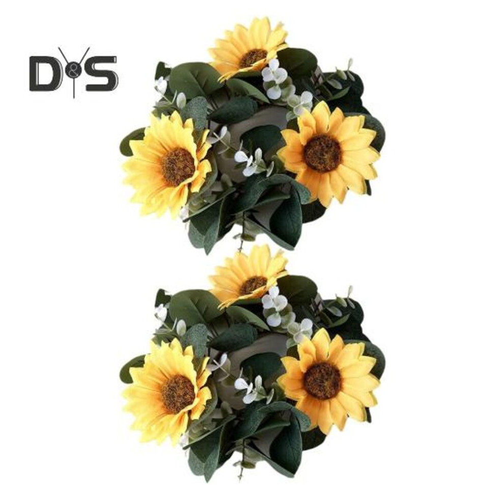 (as the picture, 2pcs) 1/2pcs Sunflower Eucalyptus Wreath Candle Ring Spring Artificial Greenery Garland Pillar Candle Garland Home Wedding Party Table Centerpiece