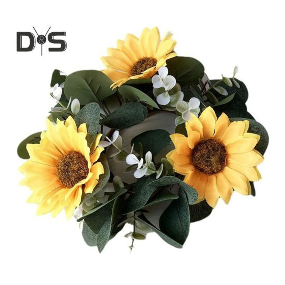(as the picture, 1pc) 1/2Pcs Sunflower Eucalyptus Wreath Candle Ring Spring Artificial Greenery Garland Pillar Candle Garland Home Wedding Party Table Centerpiece