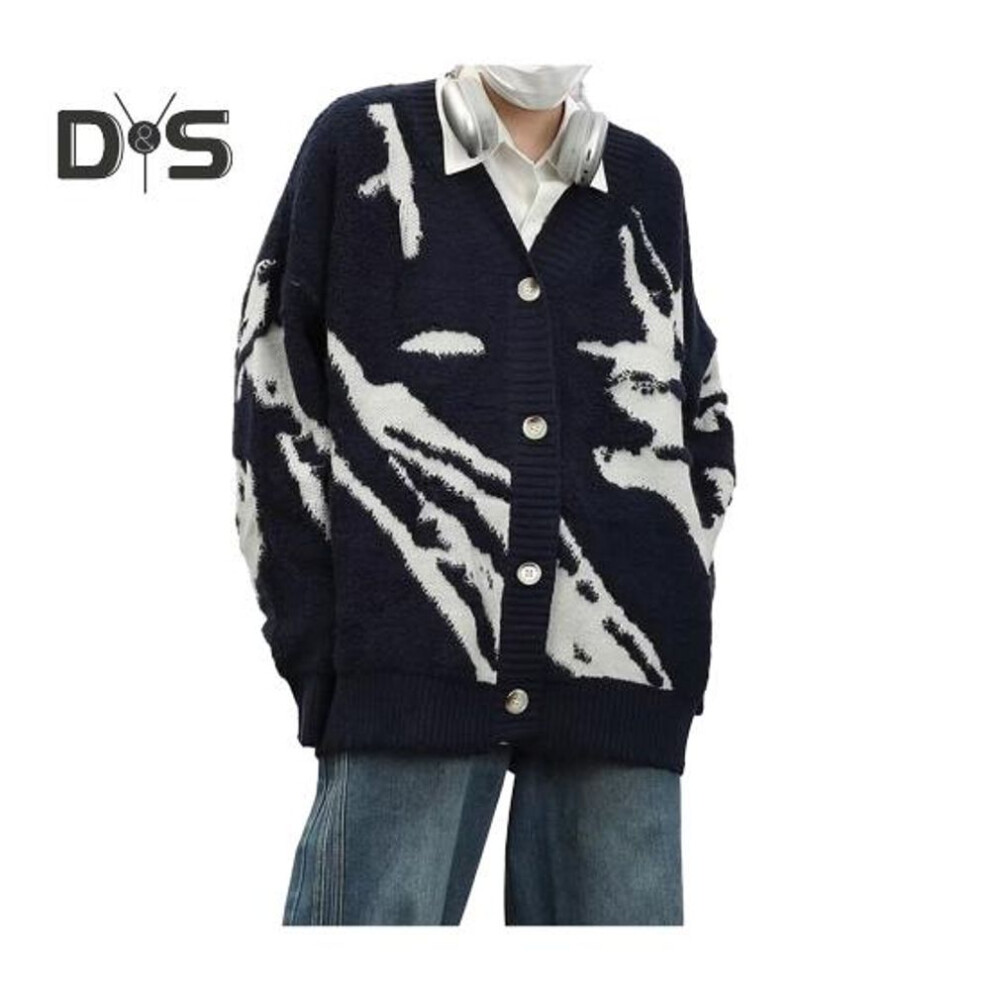 (navy blue, M) Men Cardigan Sweater Retro American Style V Neck Loose Single-breasted Contrast Color Knitted Sweater Coat Hip Hop Style Streetwear Jacket
