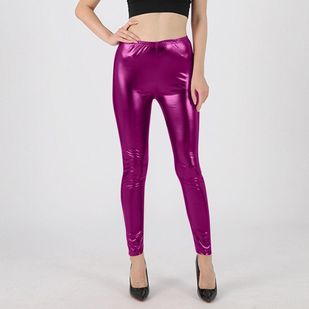 (purple, M) Women's Glossy High-waisted Tight-fitting Leggings Fashion Elasticated Waist Small Legs Nine-quarter Pants