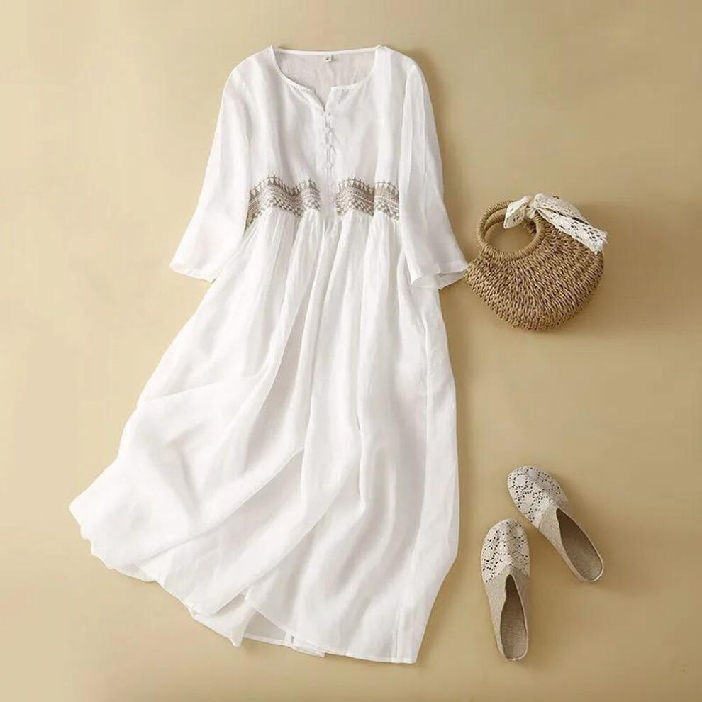(white, M) Women's Summer Design Literary Elegant Long Dress Round Neck Embroidered Cotton Linen Dresses