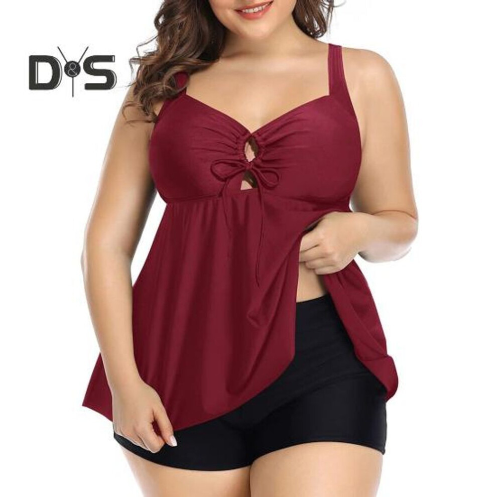 (XXXL, wine red) 2Pcs/Set Women Tankini Set Sling Square Collar Flowy Hem Split Swimsuit Trunks Suit Quick Drying Beachwear