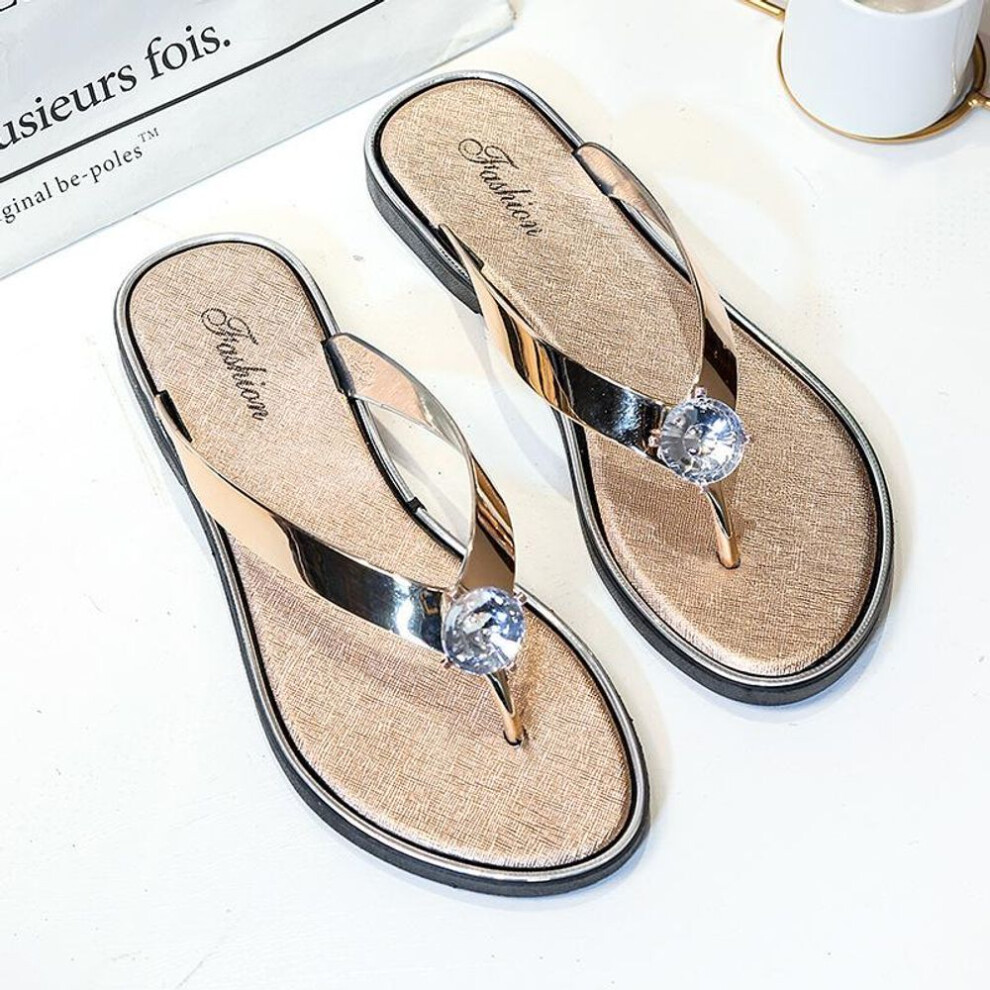 (golden, 36) Women Inlaid Diamond Clip-on Slippers Summer New Seaside Lightweight Casual Flip-flops Bottom Rhinestone Beach Sandals Slippers