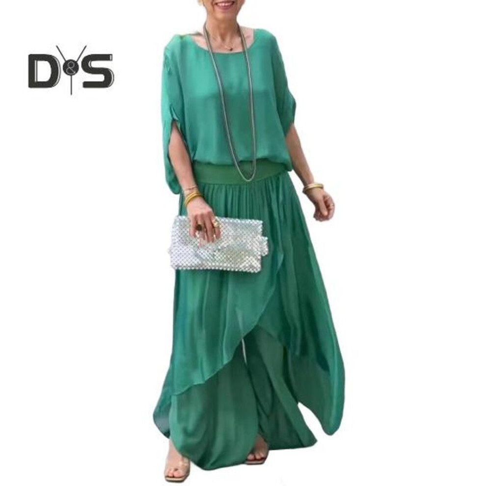 (green, XXL) Women's Casual Two Piece Chiffon Set Plus Size Mother of Bride Dressy Suit Crew Neck Top Wide Leg Pant Flowy Wedding Guest Outfit
