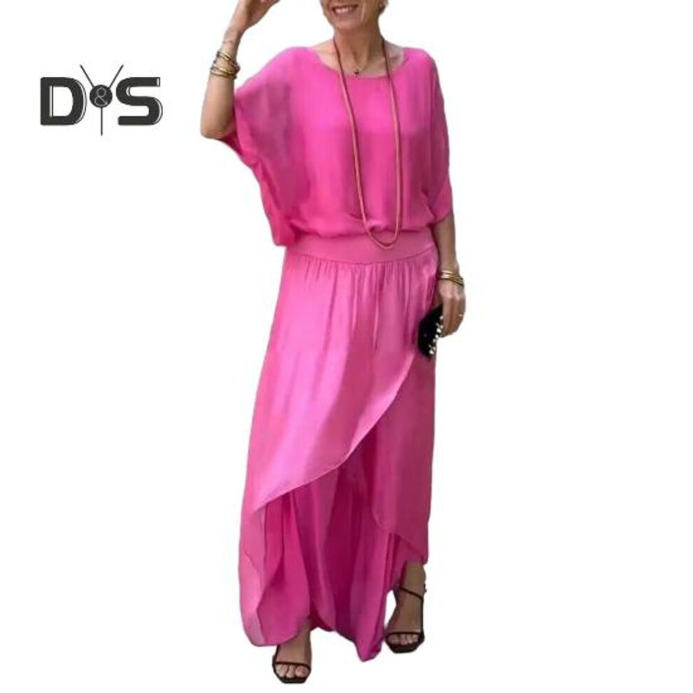 (rose red, L) Women's Casual Two Piece Chiffon Set Plus Size Mother of Bride Dressy Suit Crew Neck Top Wide Leg Pant Flowy Wedding Guest Outfit