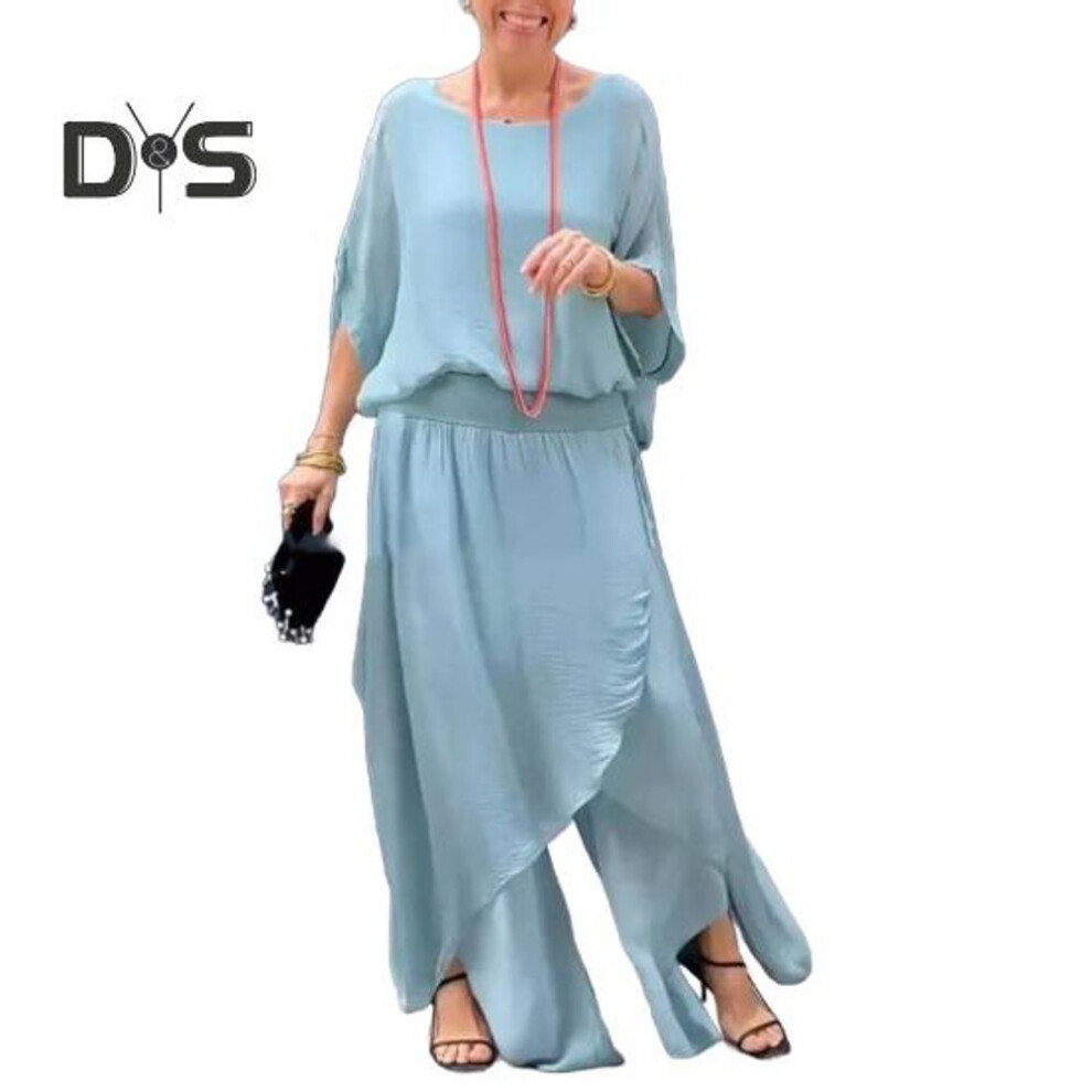 (light blue, XXL) Women's Casual Two Piece Chiffon Set Plus Size Mother of Bride Dressy Suit Crew Neck Top Wide Leg Pant Flowy Wedding Guest Outfit