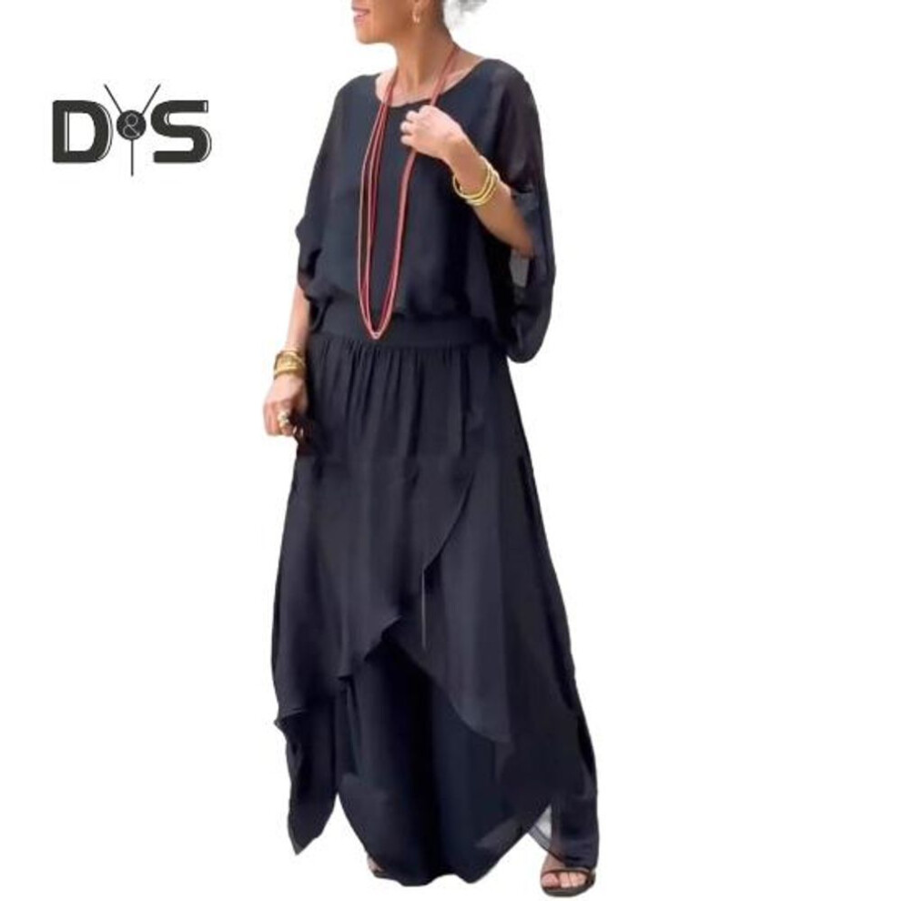 (black, XXL) Women's Casual Two Piece Chiffon Set Plus Size Mother of Bride Dressy Suit Crew Neck Top Wide Leg Pant Flowy Wedding Guest Outfit