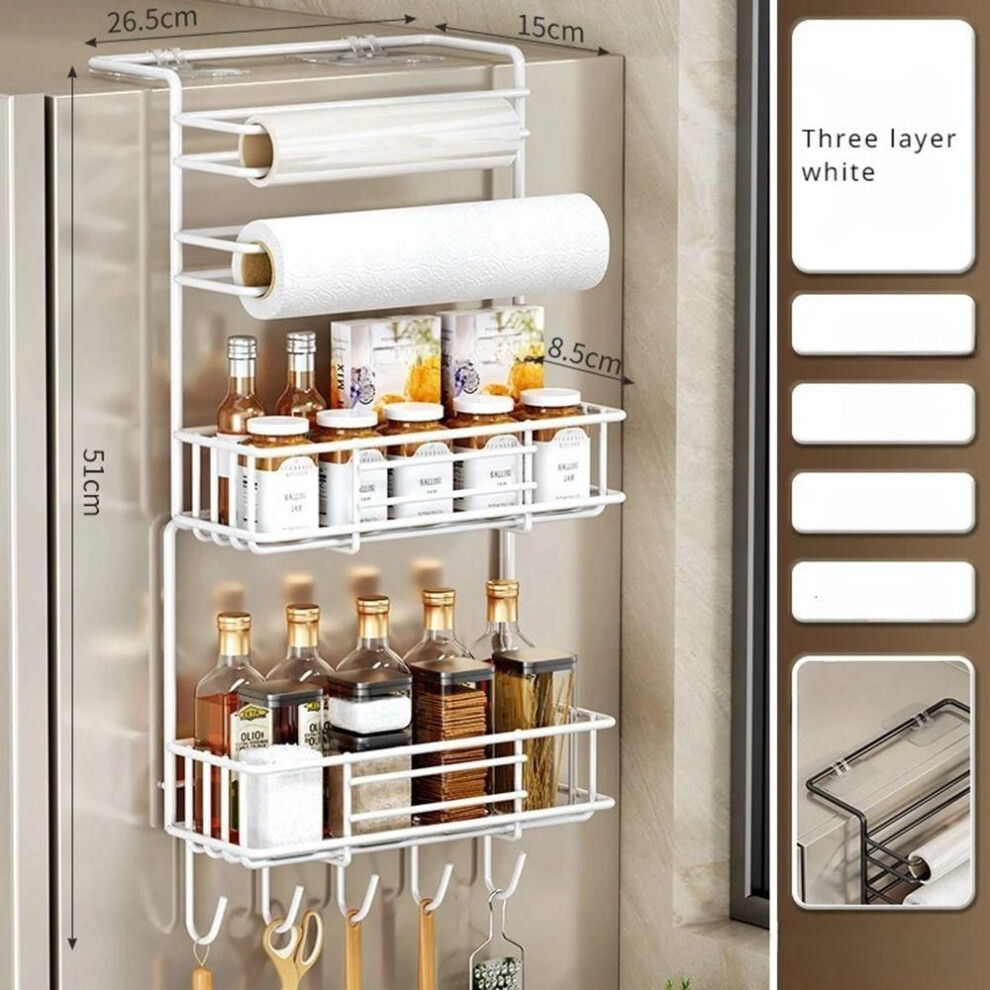 (White-Three Layers) No-Hole Spice Storage Rack Carbon Steel Cling Film Storage Rack Spice Organizer  for Home