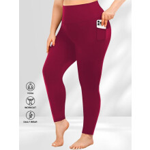 (Burgundy, 2XL) Plus Size Solid High Waist Leggings with Pocket Design, Casual High Stretch Skinny Pants for Women, Soft Comfortable Women's Bottoms for All Seasons