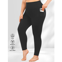 (Signal Black, 2XL) Plus Size Solid High Waist Leggings with Pocket Design, Casual High Stretch Skinny Pants for Women, Soft Comfortable Women's Bottoms for All Seasons