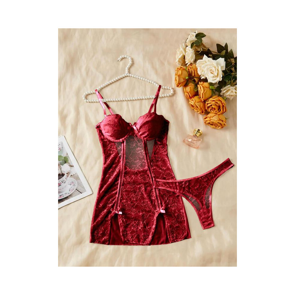 (Burgundy, XL) Women's 2pcs Plain Floral Lace Sheer Lingerie Set, SexyBow Decor Cut Out Backless Adjustable Strap Cami Dress & Thong Lingerie Set-image-OPC-PHD7SBB-NEW