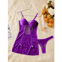 (Violet, S) Women's 2pcs Plain Floral Lace Sheer Lingerie Set, SexyBow Decor Cut Out Backless Adjustable Strap Cami Dress & Thong Lingerie Set