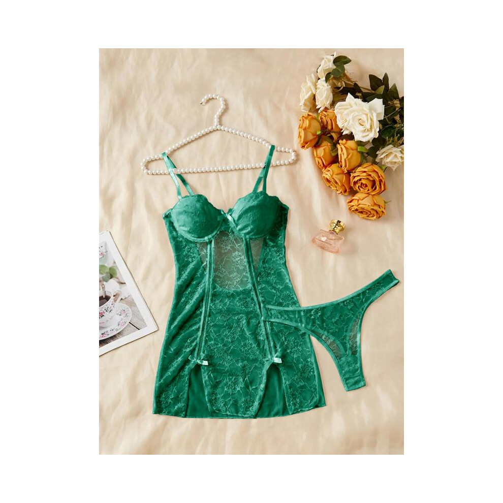 (Green, S) Women's 2pcs Plain Floral Lace Sheer Lingerie Set, SexyBow Decor Cut Out Backless Adjustable Strap Cami Dress & Thong Lingerie Set-image-OPC-PHD7SBK-NEW