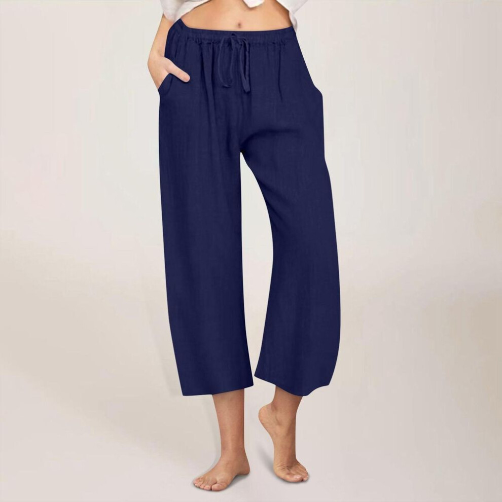 (navy, M) Women's Casual Straight Pants Solid Color Casual 9 Points Pants With Pockets