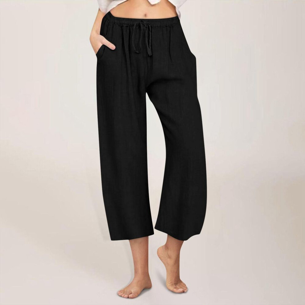 (black, S) Women's Casual Straight Pants Solid Color Casual 9 Points Pants With Pockets