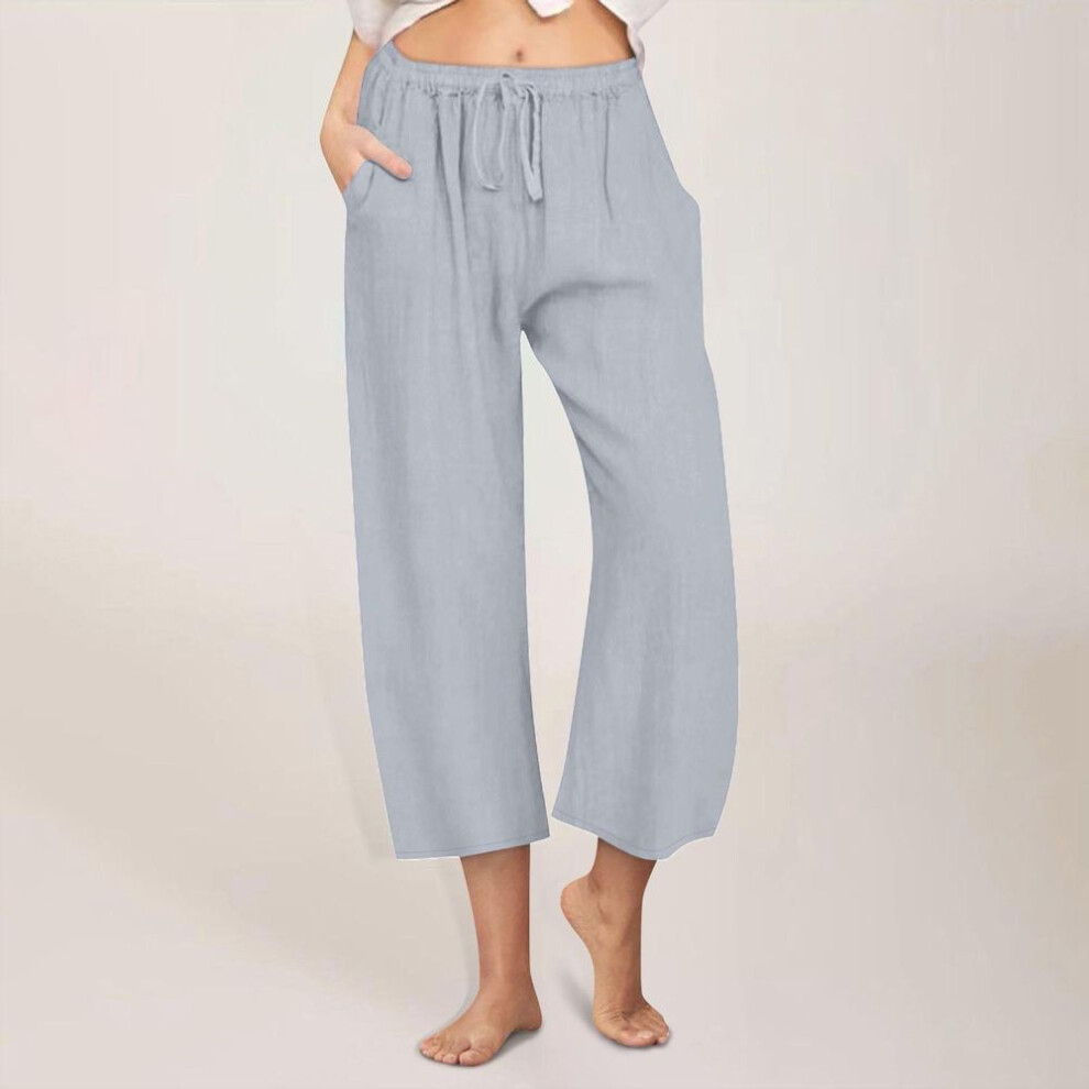 (light blue, L) Women's Casual Straight Pants Solid Color Casual 9 Points Pants With Pockets