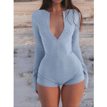 (Light Blue, M) Women's Solid Button Front Ribbed SkinnyRomper, Slim Fit Casual Long for Daily Wear, Ladies LongsleevesClothes for All Seasons, Comfy Fabric