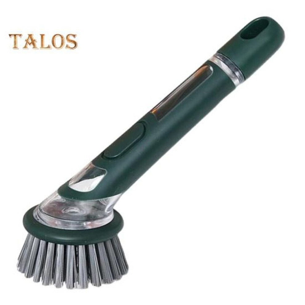 (dark green) Pot Brush with Soap Dispenser Long Handle Hanging Hole Design Kitchen Brush Pans Pots Sink Liquid-Added Brush
