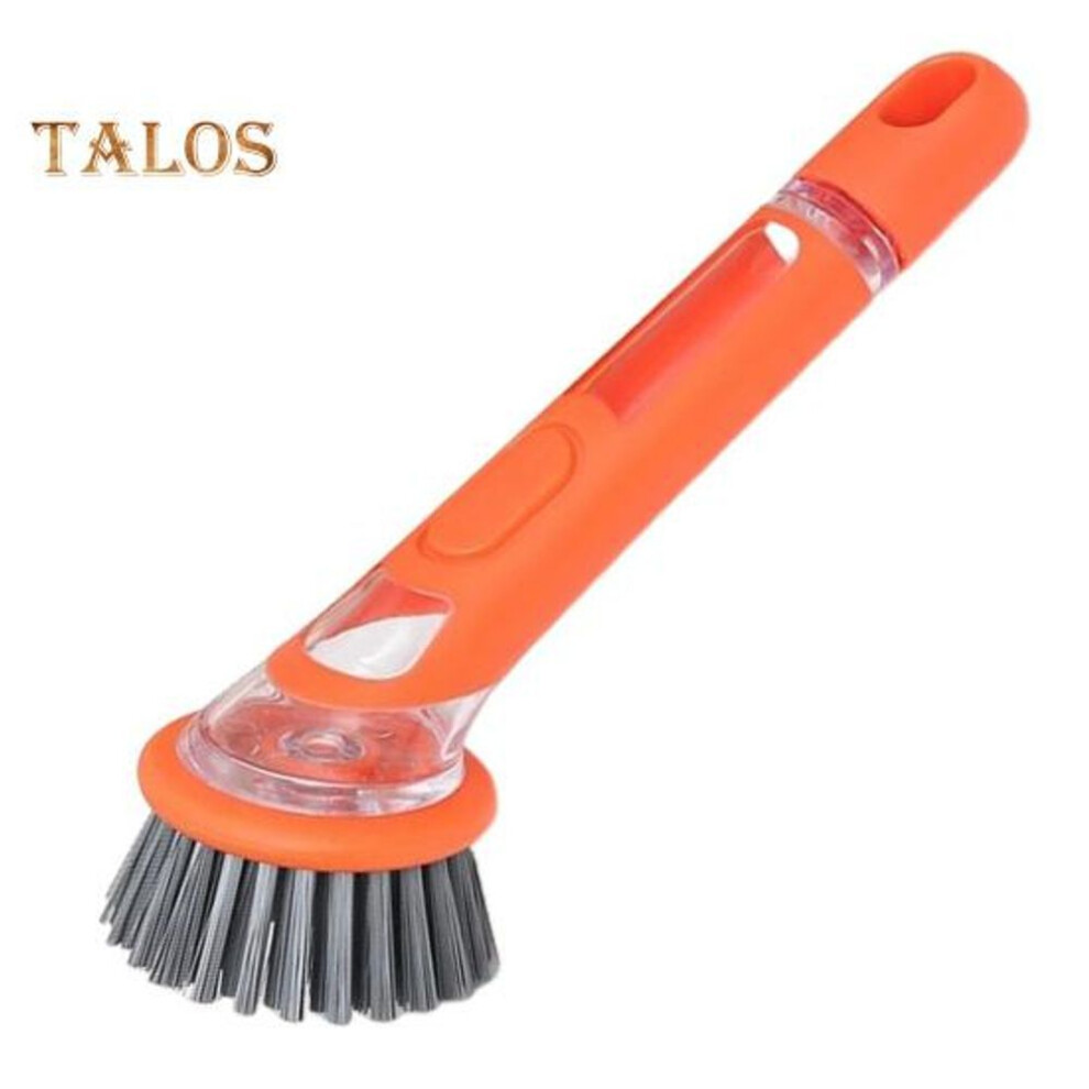 (orange) Pot Brush with Soap Dispenser Long Handle Hanging Hole Design Kitchen Brush Pans Pots Sink Liquid-Added Brush