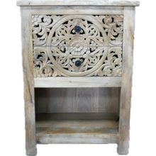 Hand-Carved Wooden Two-Drawer Bedside Unit with Shelf
