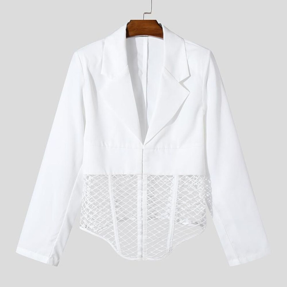 (XL, white) INCERUN Men Lapel Neck Long Sleeve Mesh Hollow Patchwork Irregular Thin Blazer Short Coat
