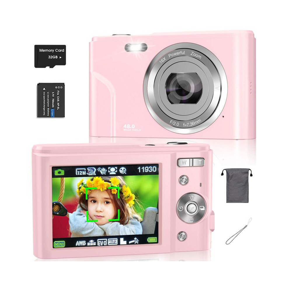 (Baby Pink, one-size) Auto Focus Digital Camera, Full HD 1080P/48MP Mini Digital Cameras with 32G Memory Card, Compact Portable Camera, 16X Zoom Digital Camera
