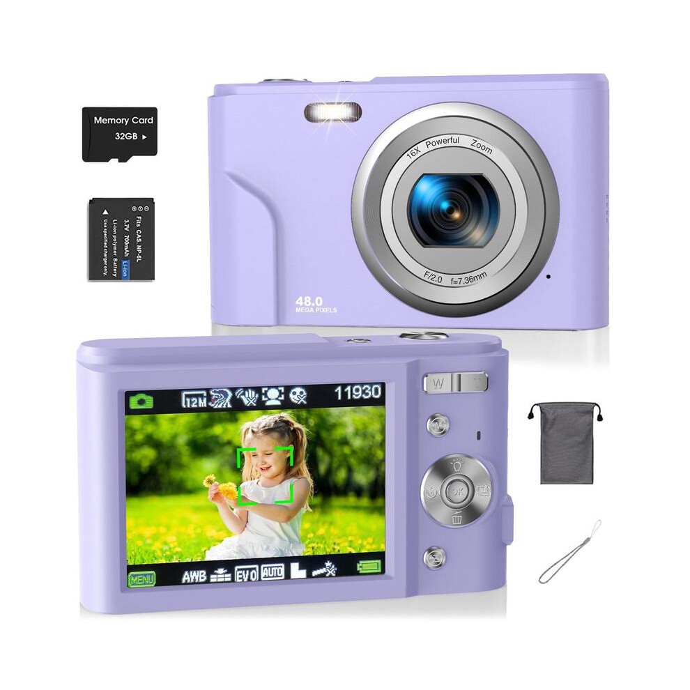 (Lilac, one-size) Auto Focus Digital Camera, Full HD 1080P/48MP Mini Digital Cameras with 32G Memory Card, Compact Portable Camera, 16X Zoom Digital Camera